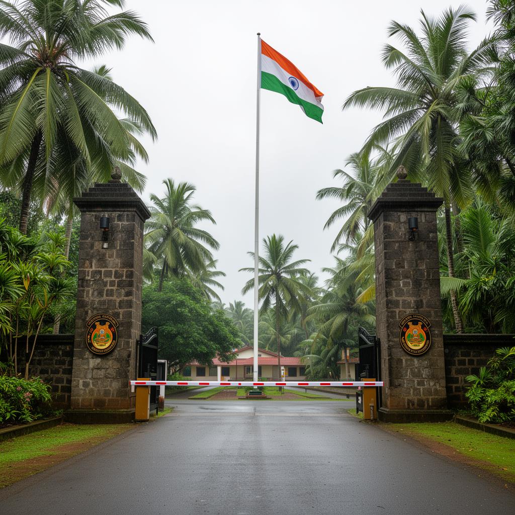 Military camp entrance gate with Indian flag, Kerala